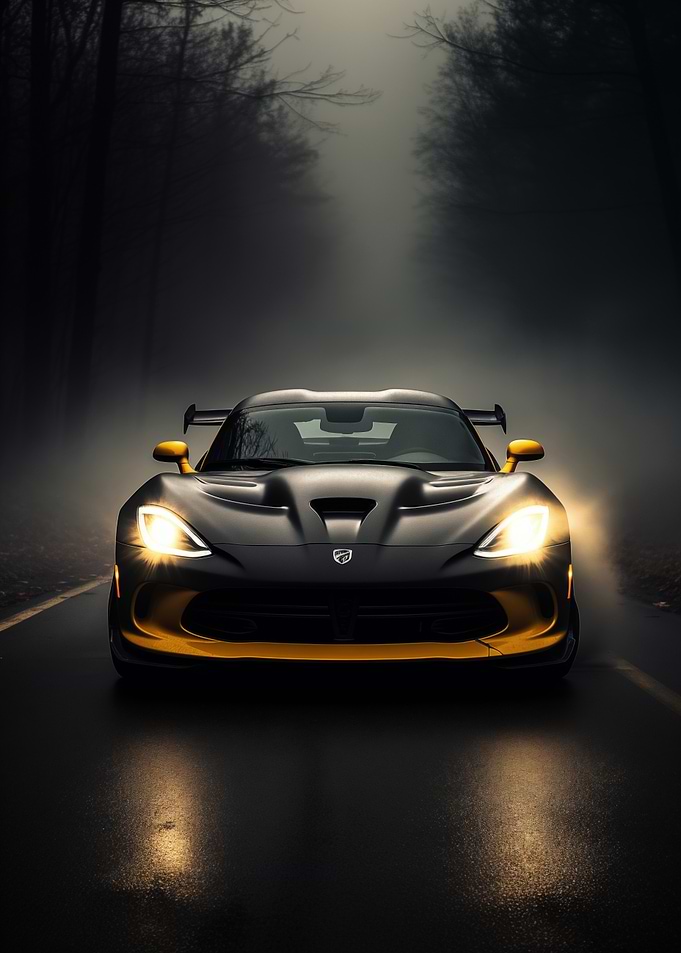 Black Dodge Viper in Fog