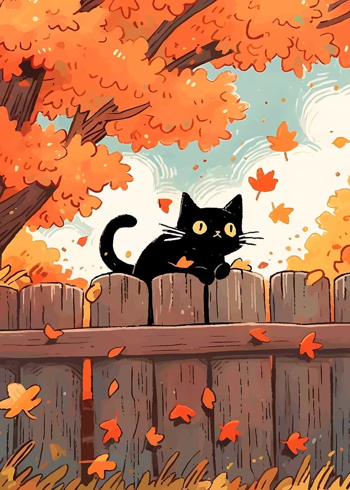 Black Cat on Fence in Autumn