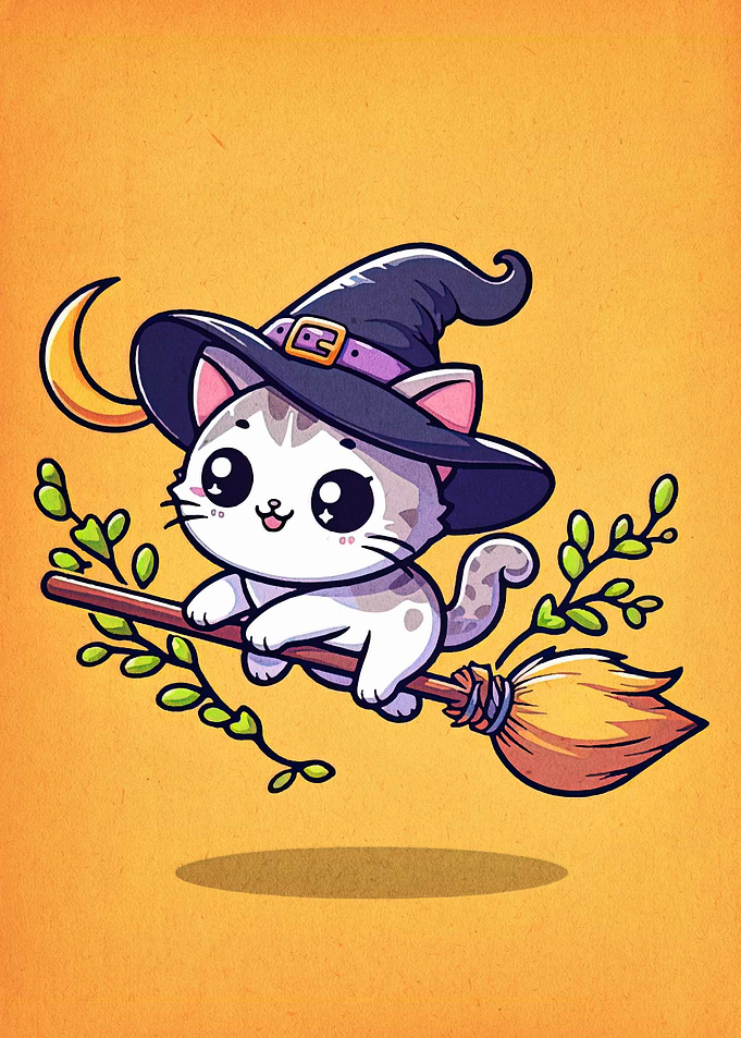 Cute Witch Cat on Broomstick