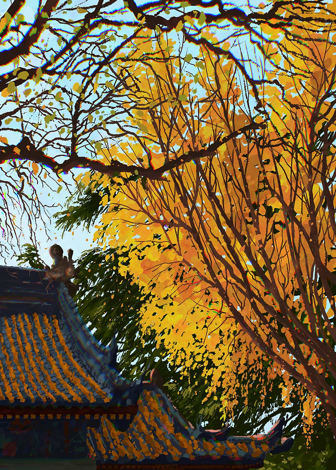 Autumn Trees and Temple Roof