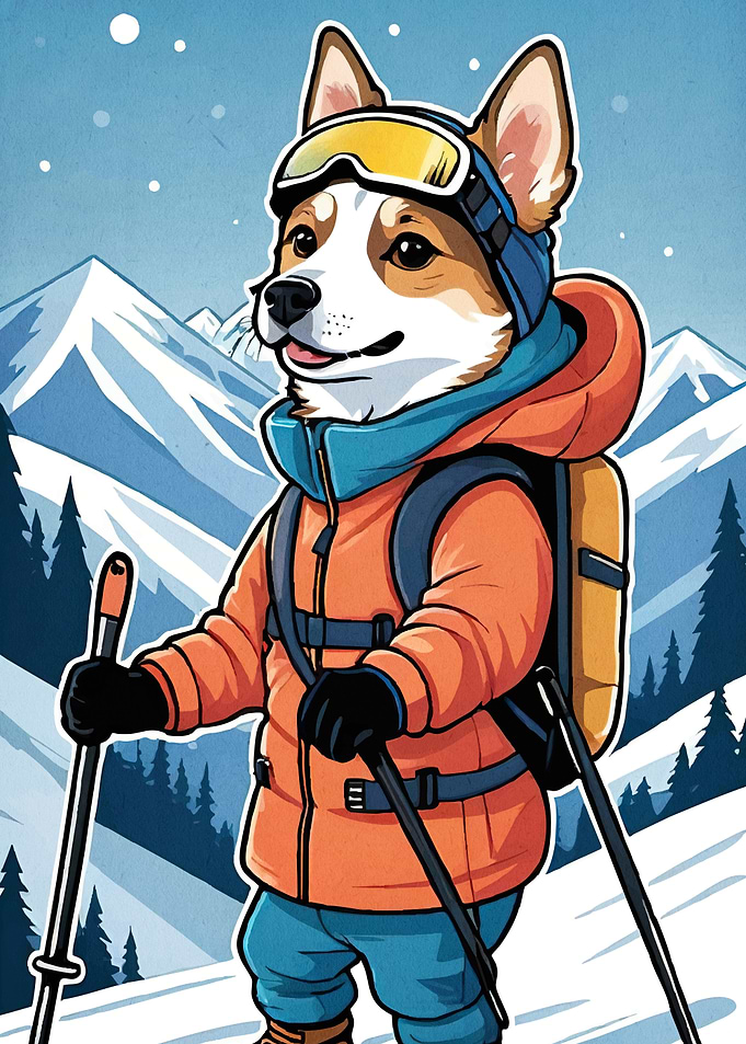 Corgi Skiing in the Mountains
