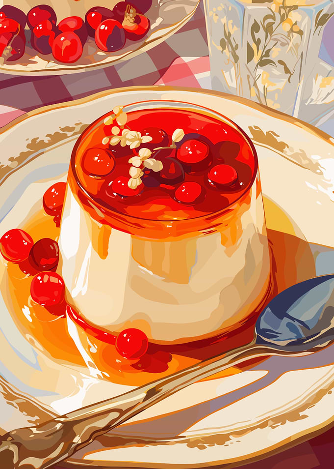 Panna Cotta with Cherries Illustration