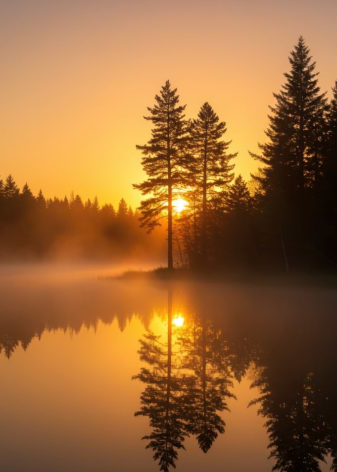 Golden Sunrise Misty Forest Lake