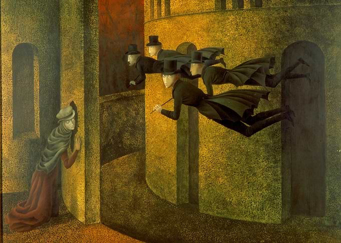 Surreal painting of flying men and woman