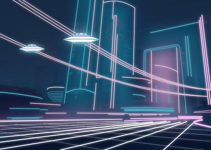 Neon Cityscape with Flying Saucers