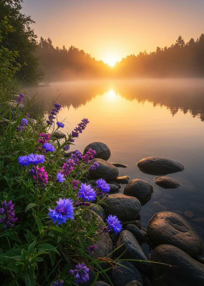 Sunrise Misty Forest Lake