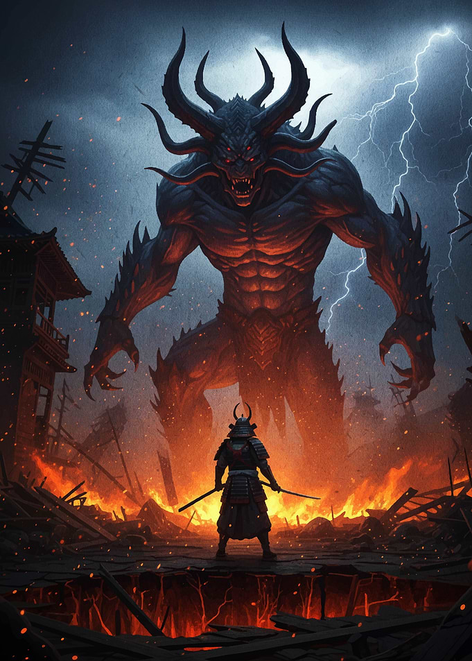 Samurai vs. Demon in Burning Landscape
