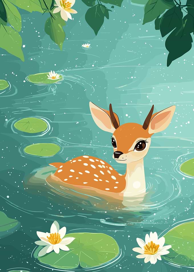 Cartoon Deer Swimming in Lily Pond