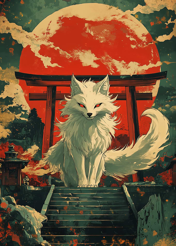 White Fox Spirit Under Red Moon