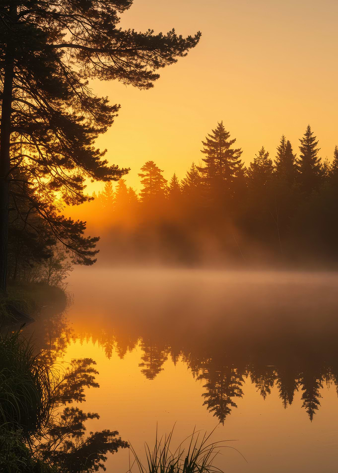 Golden Sunrise Misty Forest Lake