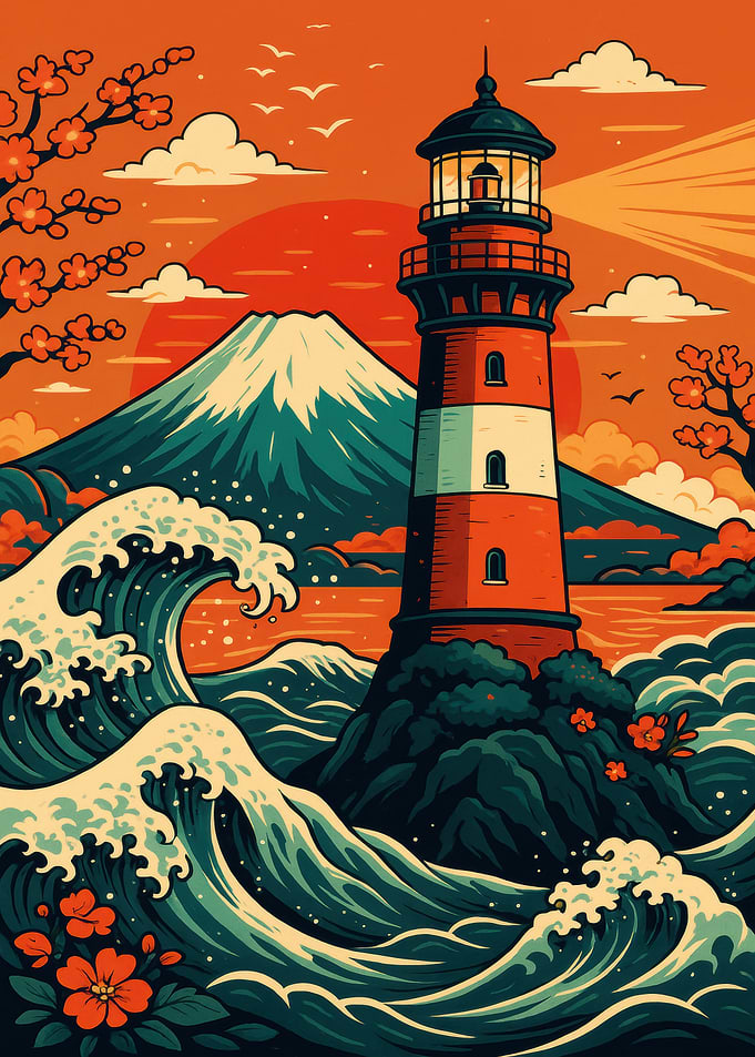 Lighthouse, Mountain, and Waves Illustration