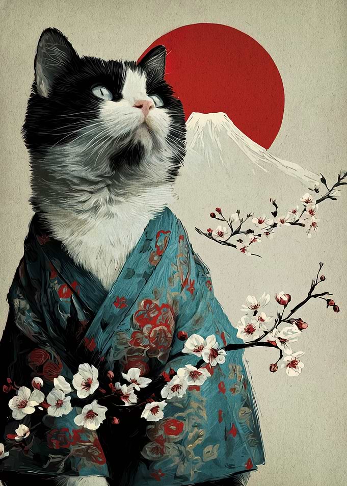 Cat in Kimono with Mount Fuji