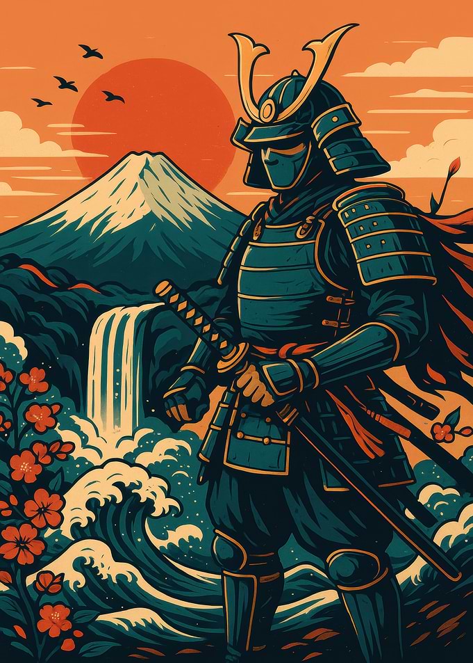 Samurai Warrior with Mount Fuji Backdrop