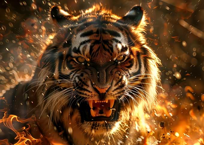 Roaring Tiger in Fiery Environment