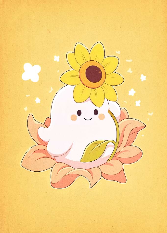 Cute Ghost with Sunflower Cartoon Illustration