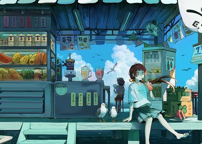 Anime girl at seaside food stand
