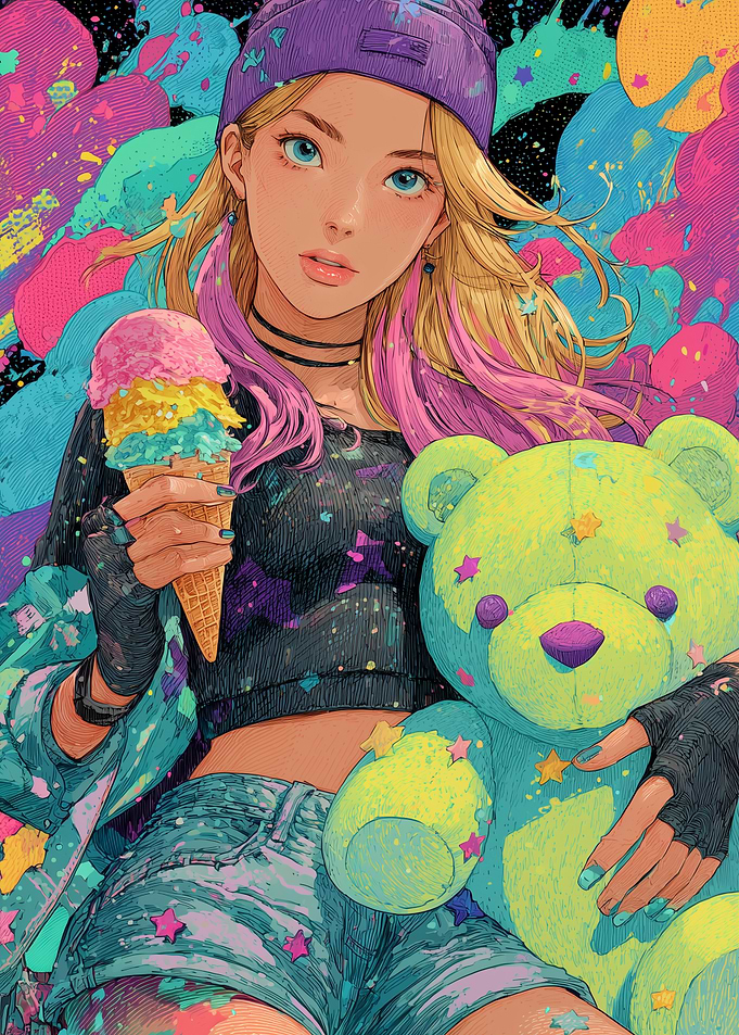 Colorful Anime Girl with Ice Cream