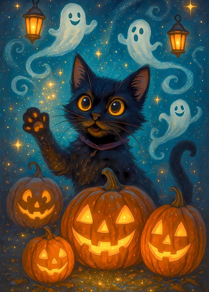 Halloween Cat with Pumpkins and Ghosts