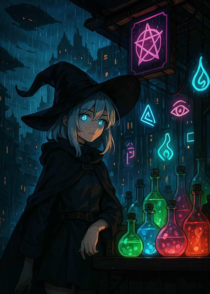 Anime Witch in Rainy Cityscape