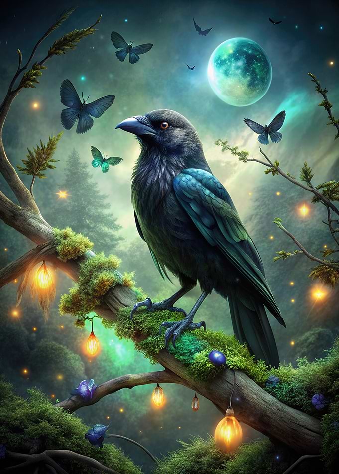 Raven on Mossy Branch with Butterflies
