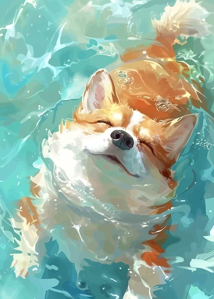 Corgi swimming in water illustration
