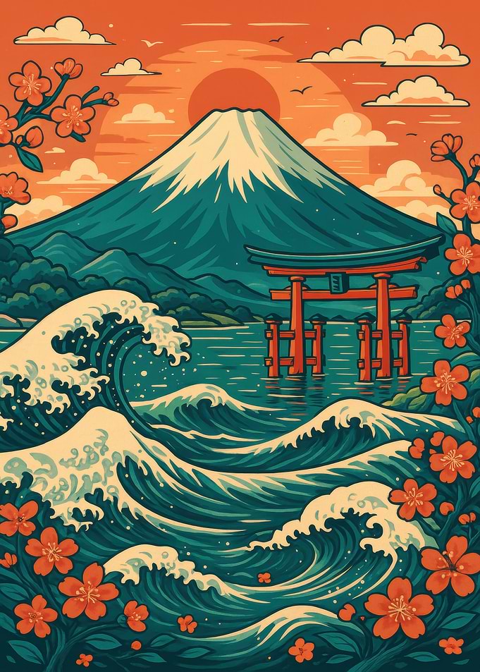 Mount Fuji and Waves Illustration