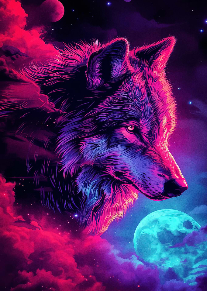 Neon Wolf in Cosmic Landscape