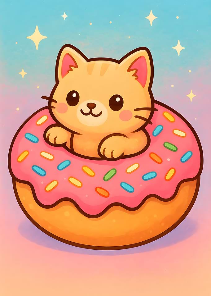 Cute Cat in Donut Cartoon Illustration