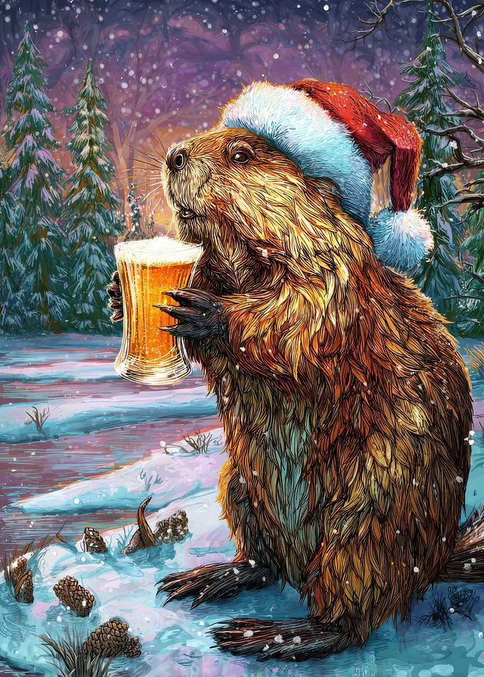 Festive Beaver with Beer in Winter