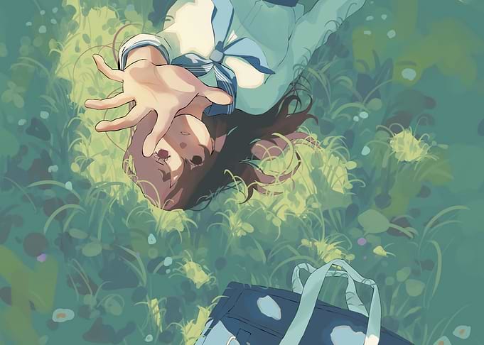 Girl lying in grass, reaching out