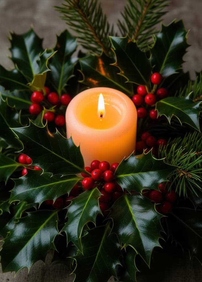 Christmas Candle with Holly and Berries