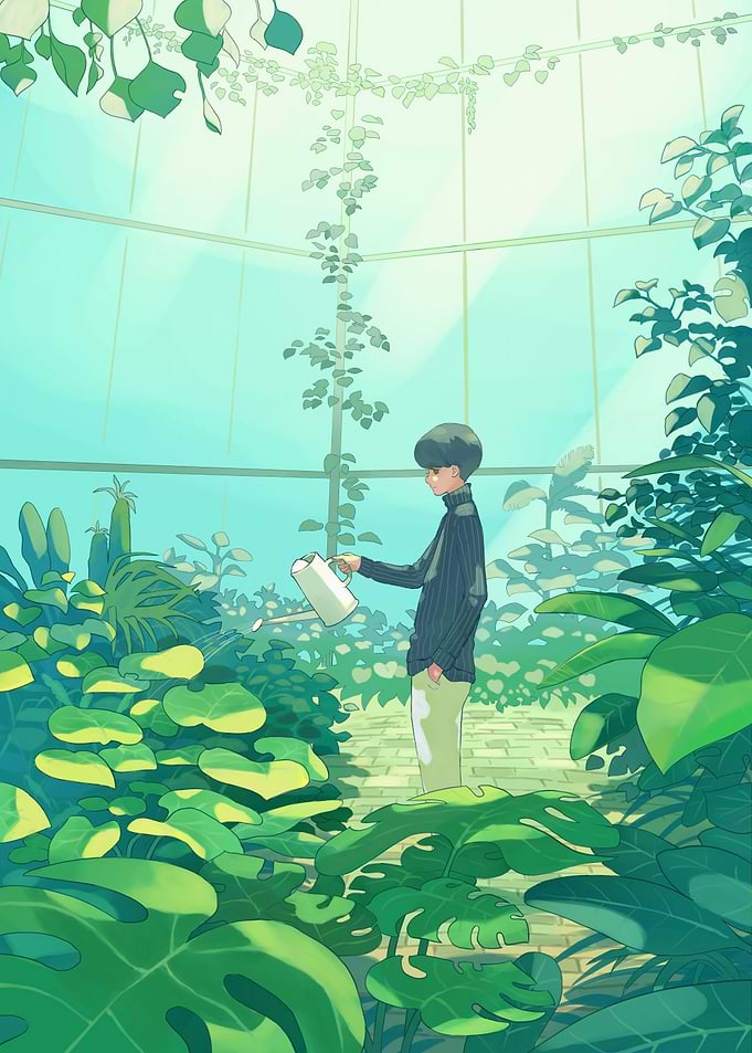 Greenhouse Serenity: Watering Plants