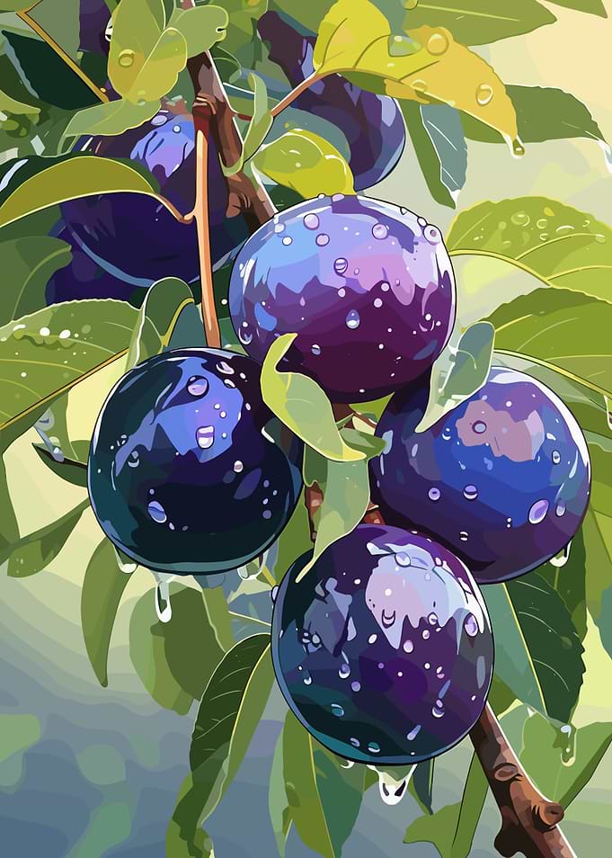 Plums on the branch with water drops