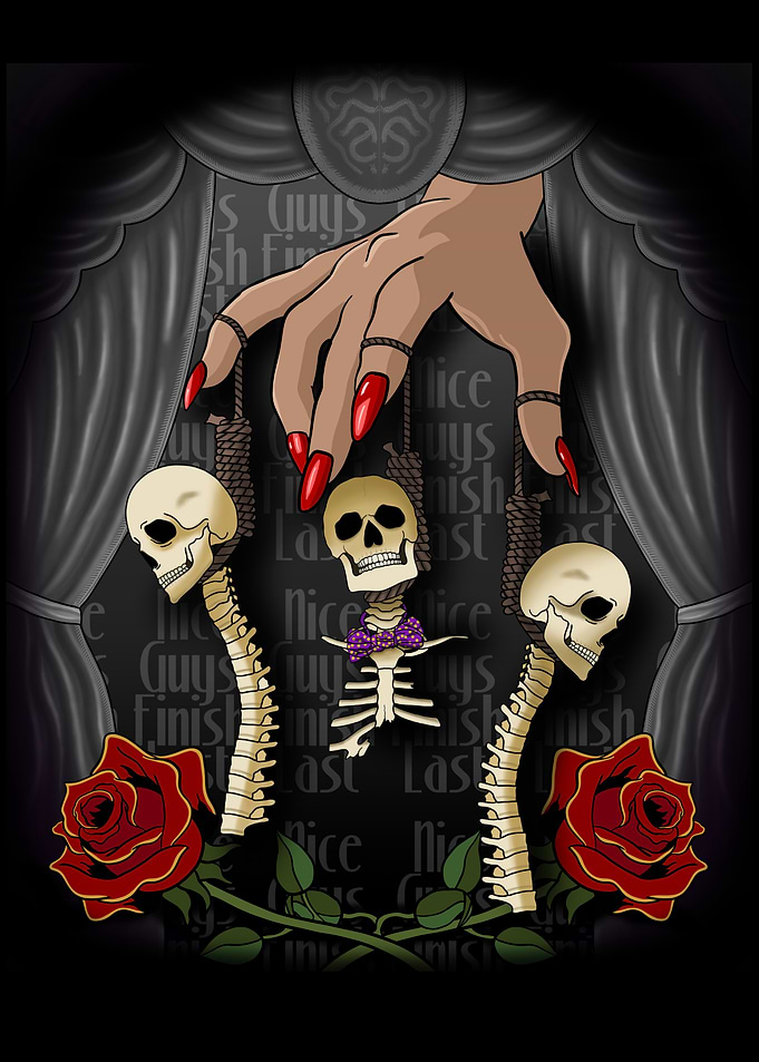 Macabre Femme Fatale Puppet Show with Skeletons and Roses