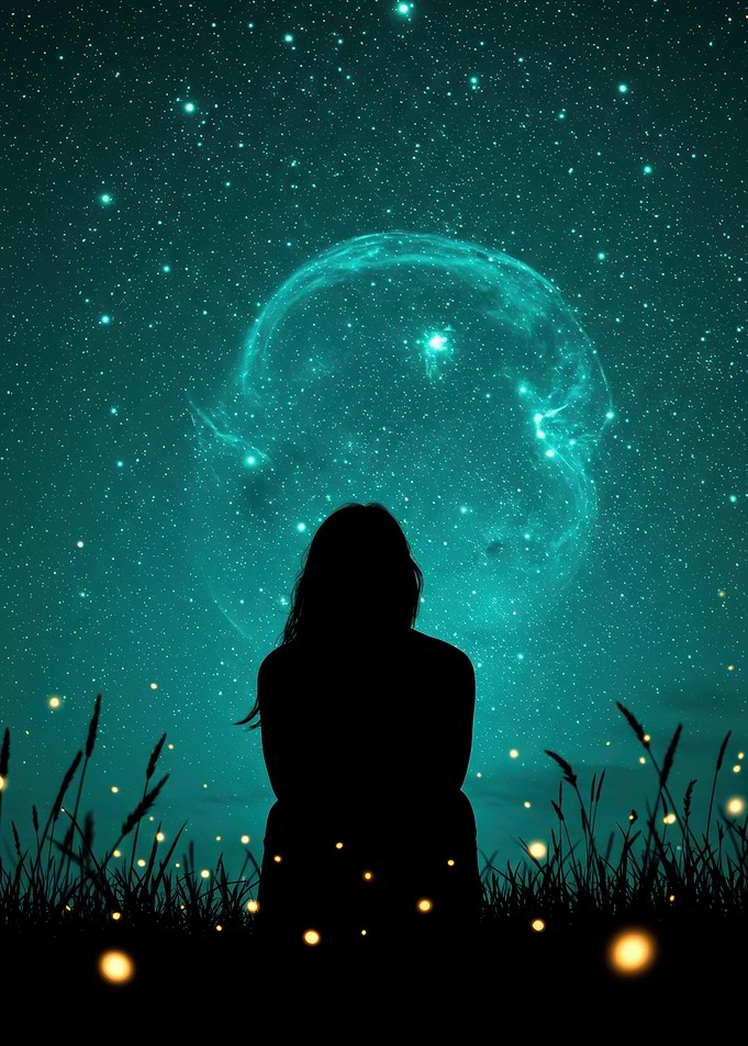 Silhouette Gazing at Nebula in Starry Sky