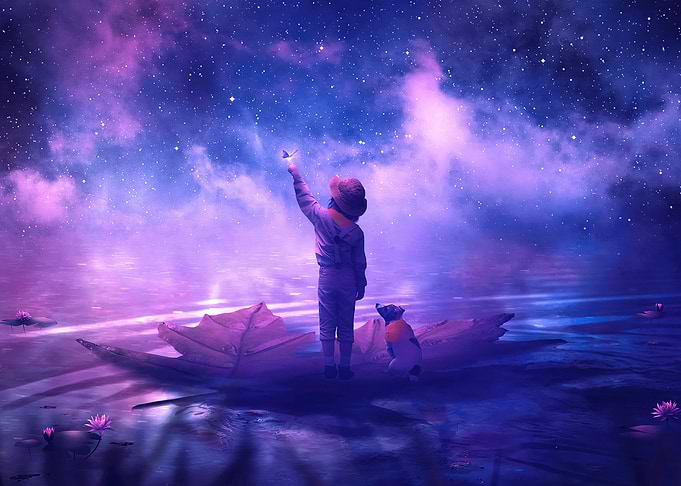 Dreamy Night: Child and Dog on Boat