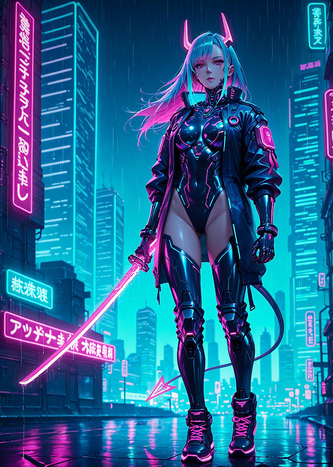 Cyberpunk Girl Oni Samurai Anime