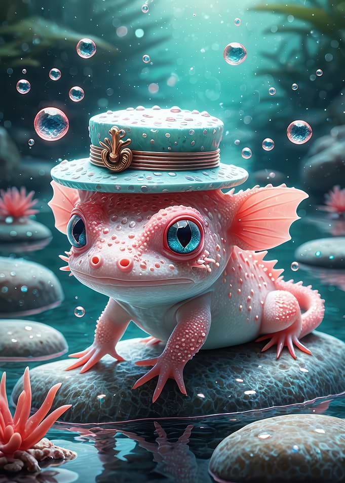 Dapper Pink Axolotl in a Teal Top Hat — Whimsical Underwater 3D Illustration