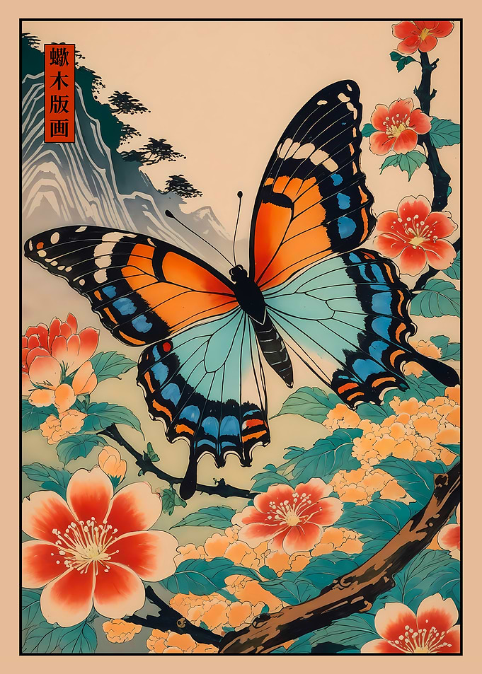 Butterfly Flowers Japanese Art