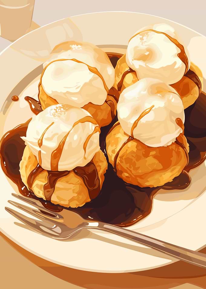 Profiteroles with Cream and Chocolate Sauce