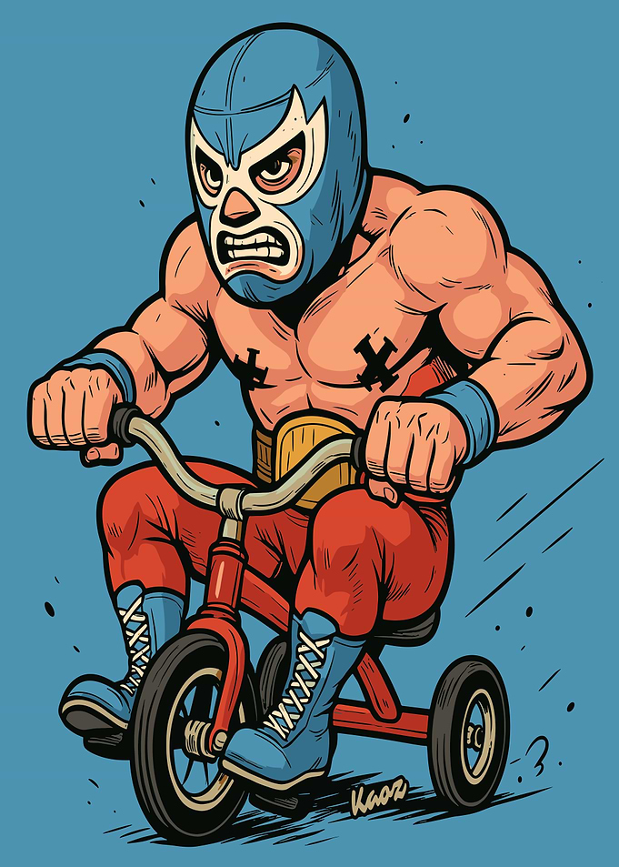 Luchador on Tricycle Cartoon Illustration