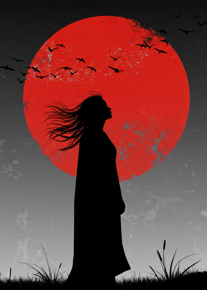 Silhouette of a Woman Under Red Moon