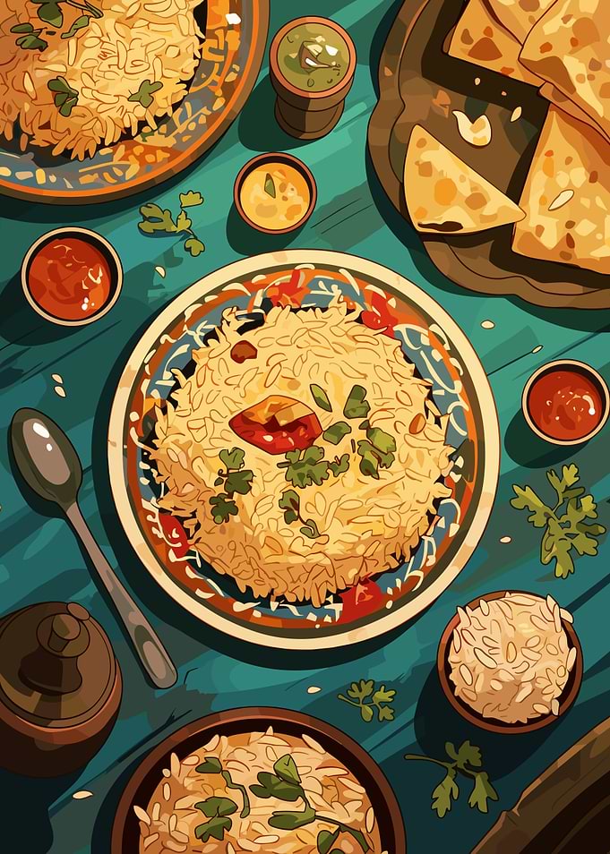 Overhead shot of Indian food arrangement