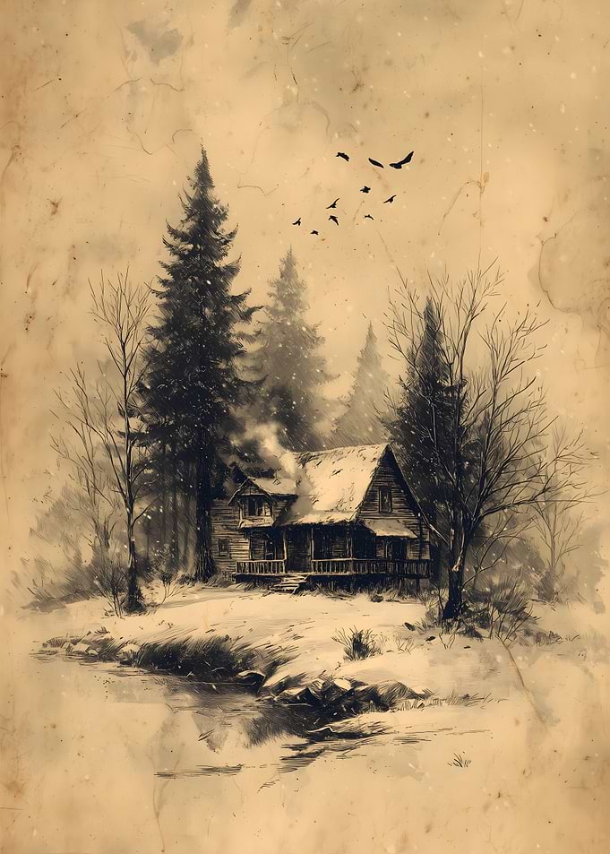 Winter Cabin in Snowy Landscape