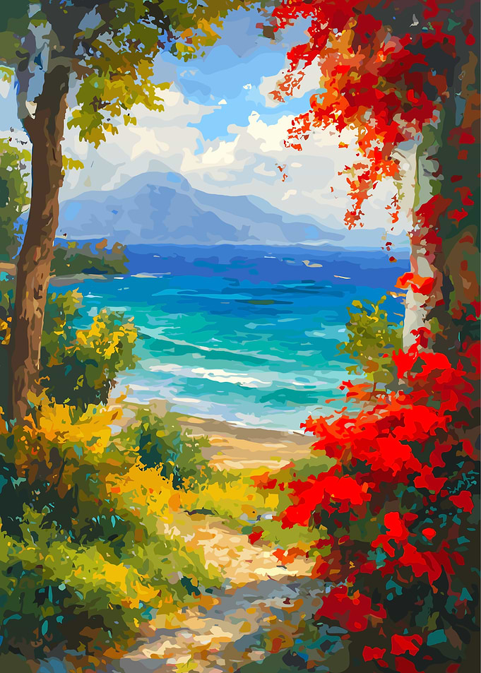 Seascape Painting with Red Flowers