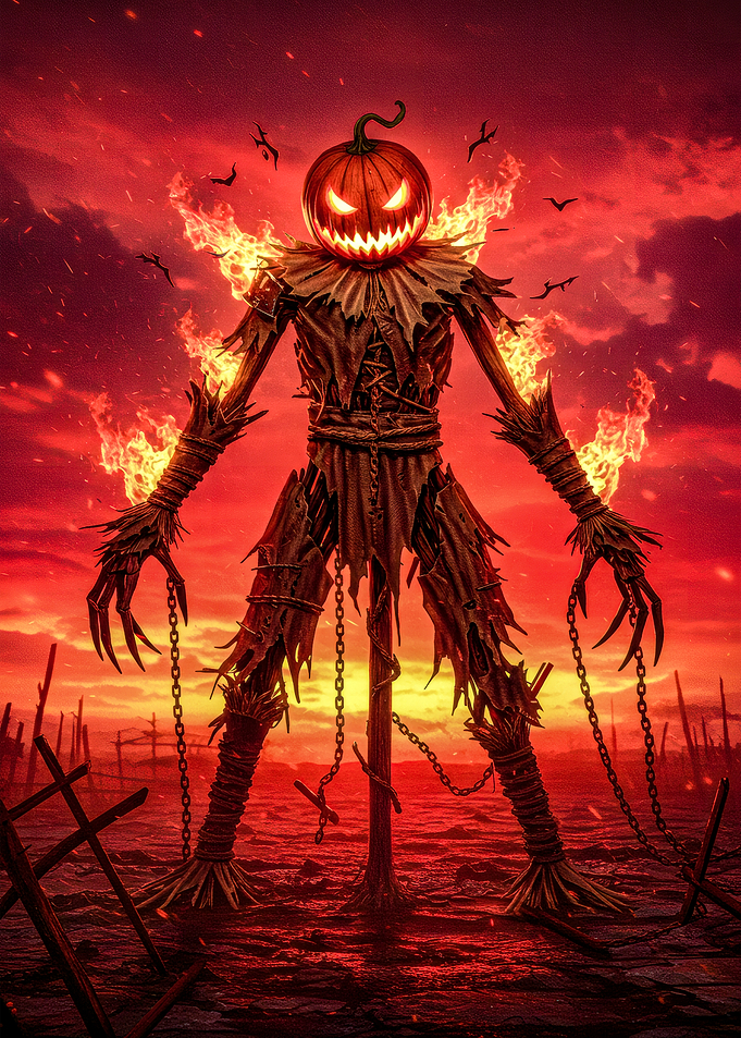 Fiery Pumpkin Scarecrow in Red Landscape