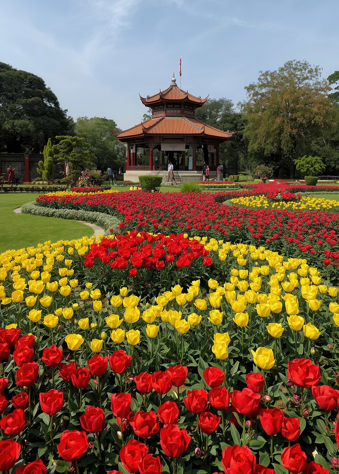 Asian Pagoda in a Tulip Garden