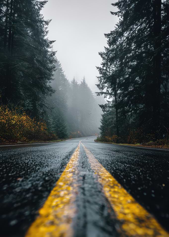 Misty Road Through Forest