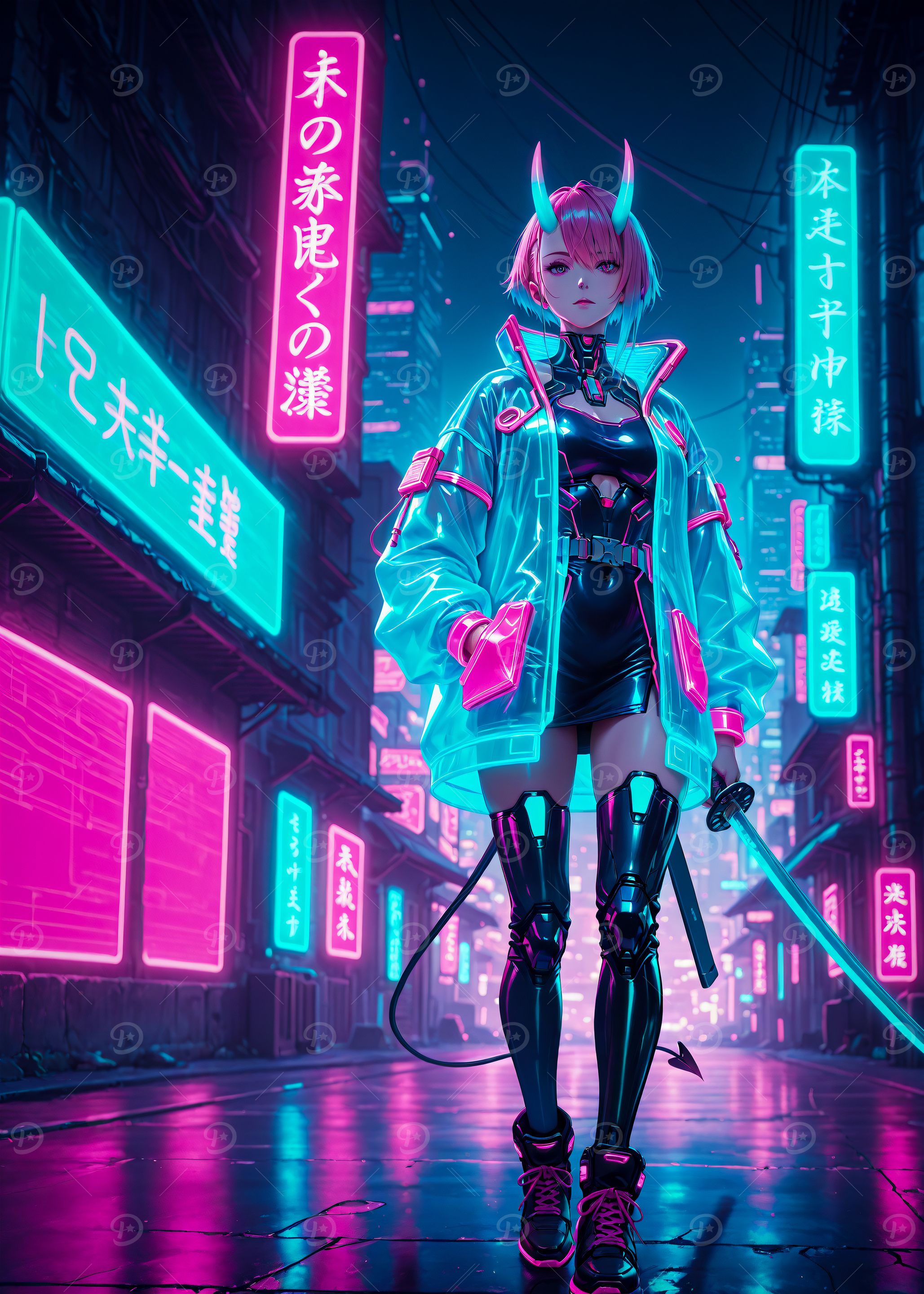 Cyberpunk Oni Samurai Girl Japan
