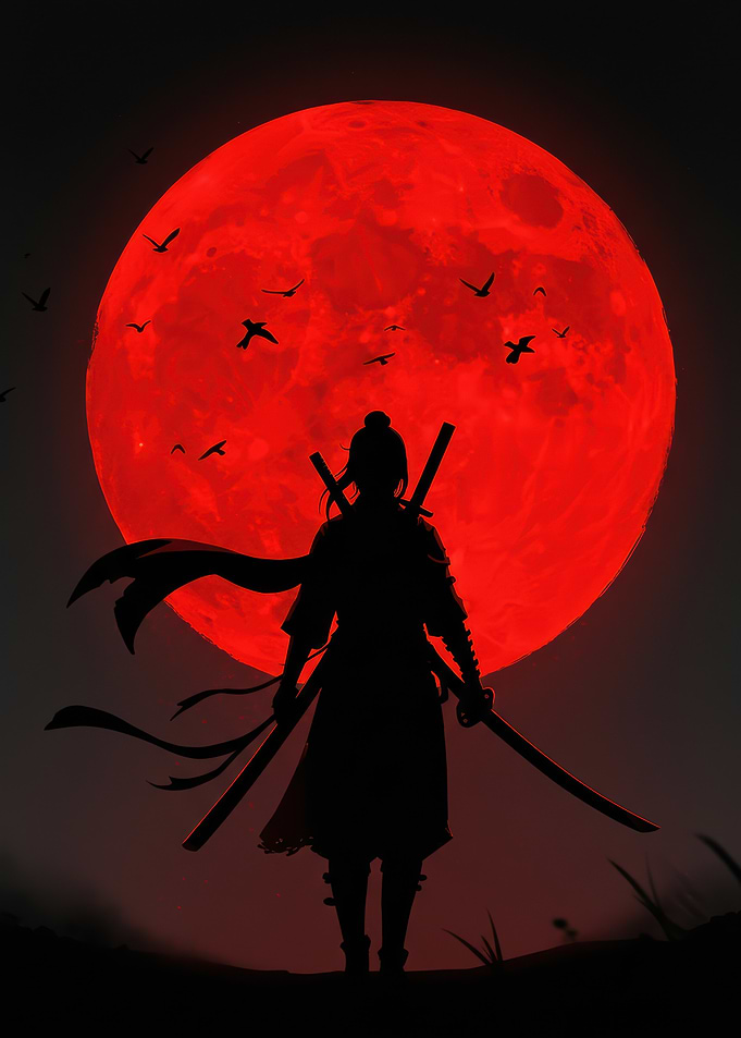Samurai Silhouette with Red Moon